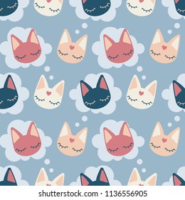 'Thinking of you' pattern with cats and bubbles. Cute seamless vector pattern with soft pastel colors. Suitable for scrapbooking, wrapping paper, card and apparel design etc.