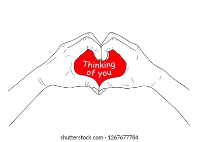 Thinking of you sketch illustration - female hands show heart