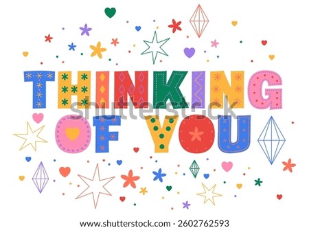 Thinking of you typography lettering card. Thinking of you Hand drawn text phrase, poster or card, vintage art for greeting card