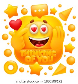 Pensando en ti, pegatina web. Personaje de emoji amarillo con un estilo de caricatura 3d. Icono de medios sociales. Ilustración del vector