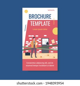 Thinking young detective standing at crime scene near dead body white line flat vector illustration. Cartoon inspector or spy making motes and finding criminals. Investigation and police concept