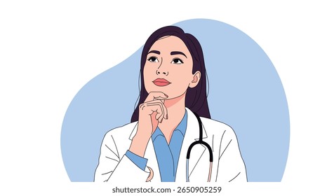 Pensando jovem médica mulher em branco jaleco estetoscópio ponderando solução médica paciente cuidado saúde futuro