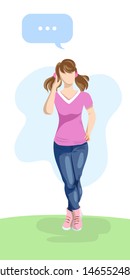 Thinking young girl with two tails. Solving problem. Vector illustration