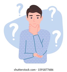 Thinking young man character with a curious expression. Pensive male with a question marks is confused, wonder. Isolated concept vector illustration in cartoon flat style.