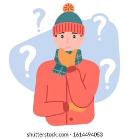 Thinking young man character wearing winter clothes with a curious expression. Pensive male with a question marks is confused, wonder. Isolated concept vector illustration in cartoon flat style.