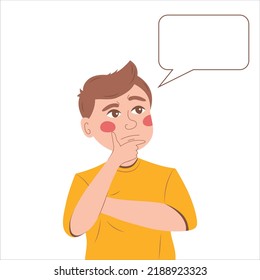 Thinking young man has a question. Rubs chin, looks up and thinks about a new creative idea with an empty thought bubble nearby.