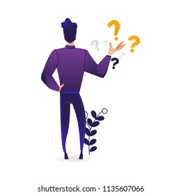 Thinking young man making choice standing surrounded by question marks. Trendy violet gradient vector illustration of cartoon male character reflecting on solution of problem.