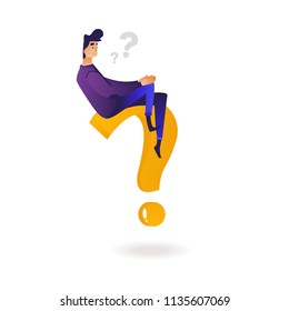 Thinking young man making choice sitting on big question mark isolated on white background. Trendy gradient vector illustration of cartoon male character seeking solution to problem.