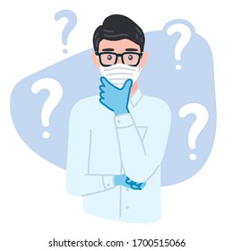 Thinking young man Masked character in gloves with a curious expression. Pensive male with a question marks is confused, wonder. Isolated concept vector illustration in cartoon flat style.
