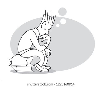Thinking young man sits on stack of books. Cartoon vector illustration