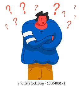 Thinking young man. Thoughtful people understand the problem. Pensive businessman find successful solution. Cute character. Illustration in cartoon style. Smart guy asks a question.