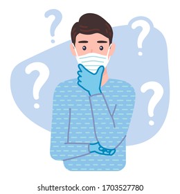 Thinking young man wearing protective Medical mask and gloves for prevent corona virus Covid-19. character with a curious expression. Pensive male with a question marks is confused, wonder