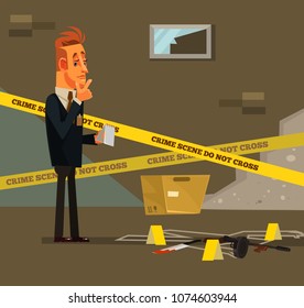 Thinking young modern detective character at crime scene near dead body white line. Criminal investigate police inspector concept. Vector flat cartoon illustration