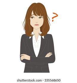 A thinking young woman in business suite crossing her arms