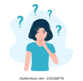 Thinking young woman character with a curious expression. Pensive female with a question marks is confused, wonder. Isolated concept vector illustration in cartoon flat style.