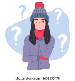 Thinking young woman character with a curious expression. Pensive female wearing winter clothes  is confused, wonder. Seasonal isolated concept vector illustration in cartoon flat style.