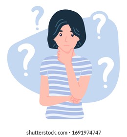 Thinking young woman character with a curious expression. Pensive female with a question marks is confused, wonder. Isolated concept vector illustration in cartoon flat style.