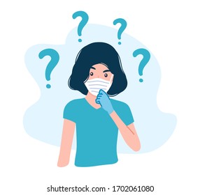 Thinking young woman wearing protective Medical mask and gloves for prevent corona virus Covid-19. character with a curious expression. Pensive female with a question marks is confused, wonder