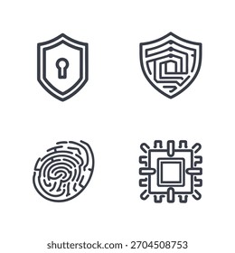 Iconos de línea fina para sistemas de protección digital, seguridad de datos y cifrado basados en IA