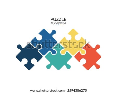 Thinline infographics. Concept with 5 pieces of puzzle. Jigsaw business chain infographic. Process diagram presentation. Vector illustration.