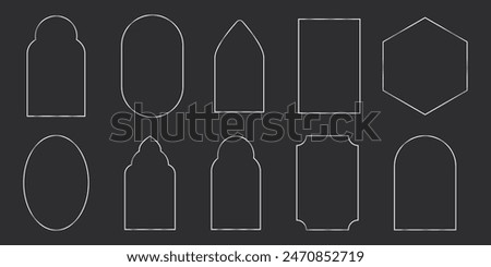 Thinline silver elegant frame. Minimal shine Art Deco metallic border. Minimal arch decoration window or door, collection isolated on dark background.