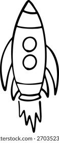 Thin-lined black and white rocket illustration with multiple viewing windows. Minimalist sketch.