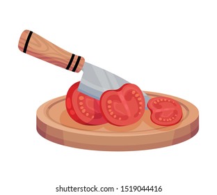 Thinly Sliced Tomato With Knife On Chopping Board Isolated On White Background