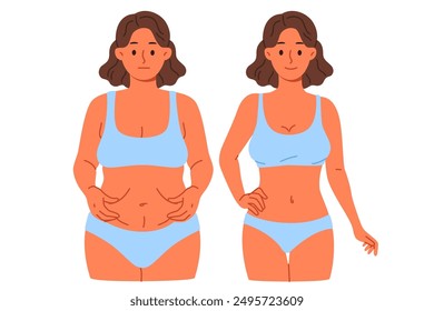 Thinner woman compares result before and after using new diet or joining fitness club with personal trainer. Thinner girl in swimsuit shows off excellent effect of liposuction done by surgeon