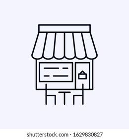 Thiny cafe building icon with chairs