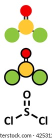 Thionyl chloride (SOCl2) chemical reagent molecule. Stylized 2D renderings and conventional skeletal formula.