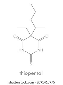 Thiopental structure. Barbituarate general anaesthetic drug molecule. Skeletal formula.