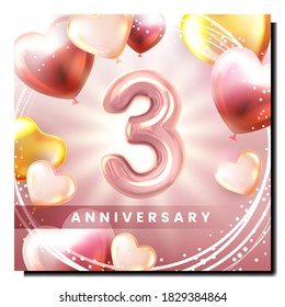 Vector de afiches Creative Promo de 3er Aniversario. Ininflable Tres Números Y Globos De Aire En Banner Anuncio De Decoración De Aniversario En Forma De Corazón. Ilustración de plantilla de concepto de color de estilo