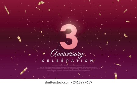 Third 3rd Anniversary celebration, 3 Anniversary celebration, Dark purple background, festive illustration,Realistic 3d sign, stars, Pink number with red ribbon 3 sparkling confetti, 3,4
