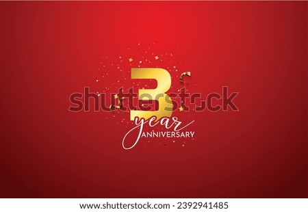 Third 3rd Anniversary celebration, 3 Anniversary celebration, Realistic 3d sign, RED background, stars,  festive illustration, golden, Golden number 3 sparkling confetti, 3,4