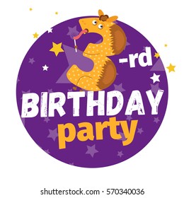 Third or 3-rd birthday party greeting card or postcard. Cartoon animal number in flat style design. Bright funny cartoon number character for kids or children b-day event. 