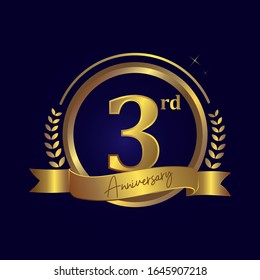 Third 3rd Happy Anniversary Gold Shiny Vector Design Dark Blue Background
