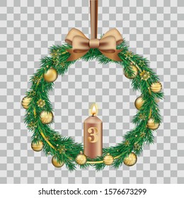 Third Advent wreath with green branches and golden baubles  on the checked background. Eps 10 vector file.