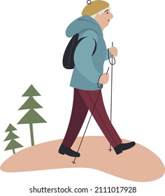 The third age person and Nordic walking. Flat vector illustration 