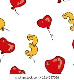Third anniversary background with red heart shaped balloons and golden numbers ballons. Number three among hearts. Repeating pattern for cards, backgronds, banners and wallpapers.