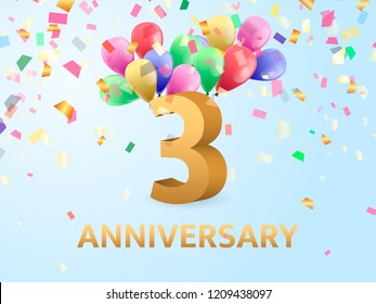 Third Anniversary with confetti and balloons. Vector illustration