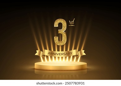 Third anniversary gold award podium. 3 year celebration birthday or jubilee golden vector background. Luxury stage with glowing rays, glittering number 3 and ribbon with text anniversary on black.