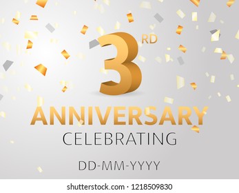 Third Anniversary with golden confetti. Vector illustration