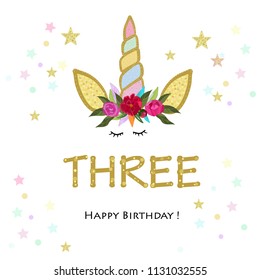 Third birtday candle. Three. Unicorn Birthday invitation. Party invitation greeting card