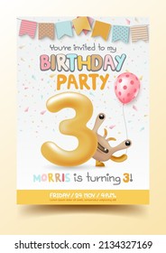 Third birthday anniversary numbers with 3d little cute monster and birthday party invitation greeting card template