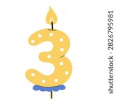 Third birthday candle shaped as number 3 with burning flame, yellow polka dot numeral cake topper for kids celebration. Festive age three candle for toddler birthday party, third anniversary, preschool milestone and three year old child celebration. Cute decorative element for cake, greeting cards, invitations, party posters, banners, stickers, scrapbooking, wrapping paper, stationery, nursery prints, printable decorations, social media graphics and children’s products. Suitable for third birthday events, baby milestones, festive packaging, party supplies, celebration collections and cheerful birthday themed designs.
