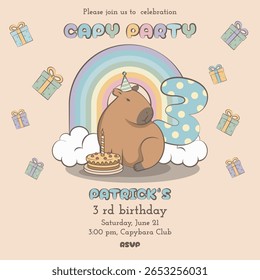 Third birthday card with a capybara, blue number three with yellow polka dots, rainbow and clouds, cake with candle and gifts on a beige background