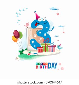 Third Birthday card. Happy third birthday card vector with gift box and balloons