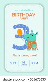Third birthday card or invitation template with funny rhino with balloon in birthday hat, vector illustration