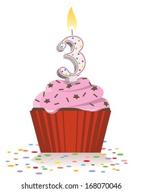 third birthday cupcake with lit candle in shape of number three