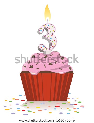 third birthday cupcake with lit candle in shape of number three